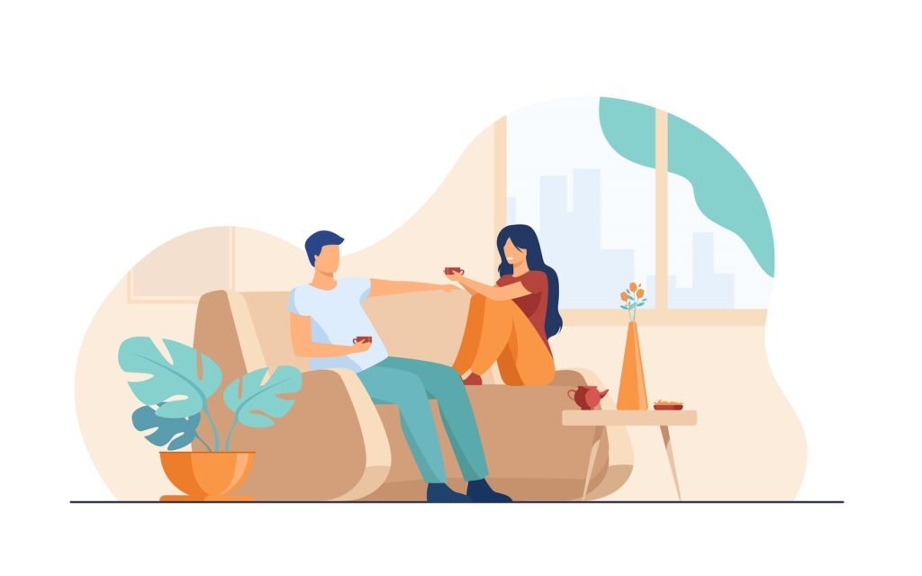 Casal romântico sentado no sofá, conversando e tomando café - autowebshow